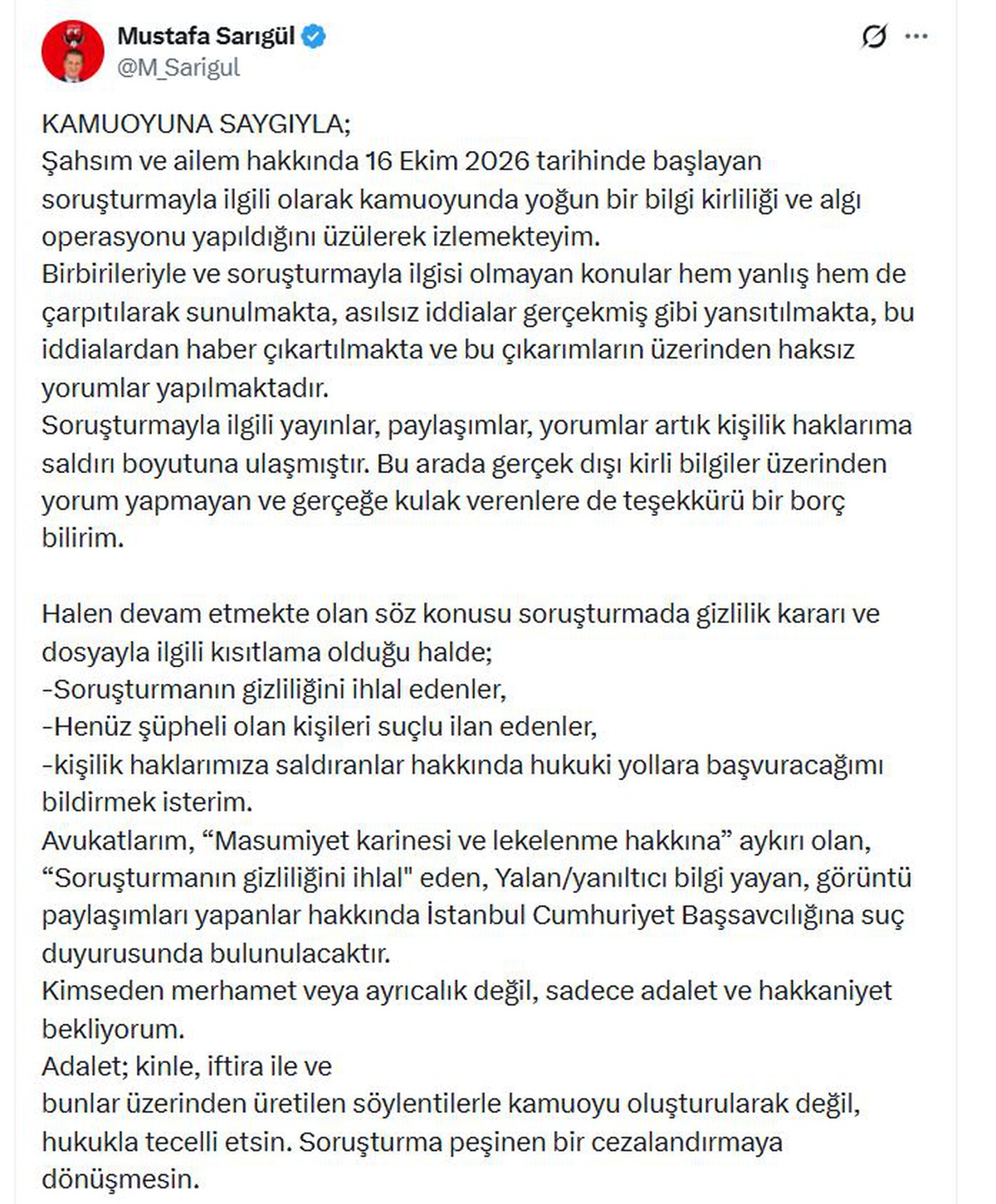 Sarıgül, soruşturma bitene kadar Yeni Parti üyeliğinin askıya alınmasını isteyecek