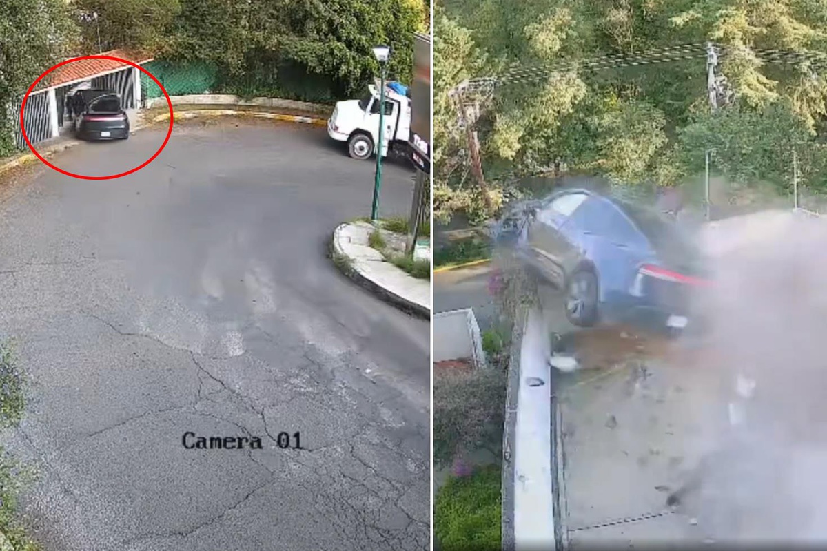 Kontrolden çıkan Tesla bir evin içinden geçerek metrelerce aşağıya düştü