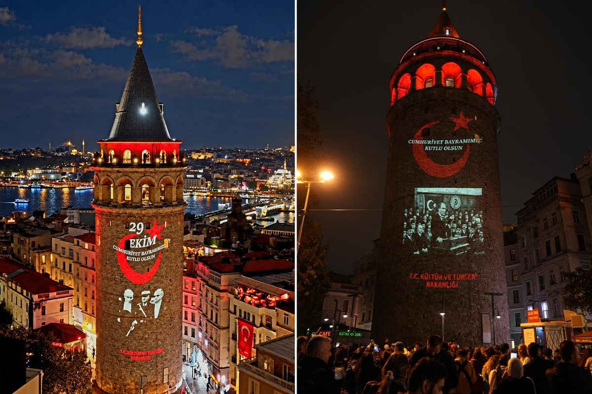 Cumhuriyet'in 103 yıllık ışığı Galata Kulesi'ni aydınlattı