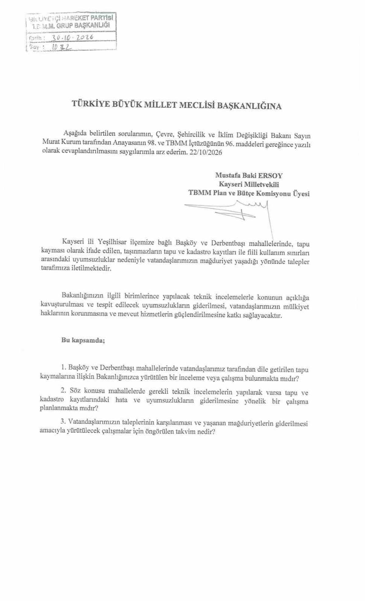 MHP'li Ersoy, Yeşilhisar'daki tapu kaymalarını soru önergesiyle TBMM'ye taşıdı