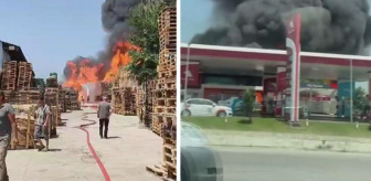 Benzin istasyonunun yanındaki palet fabrikası alev alev yanıyor! Ekipler yangınla mücadele için bölgede