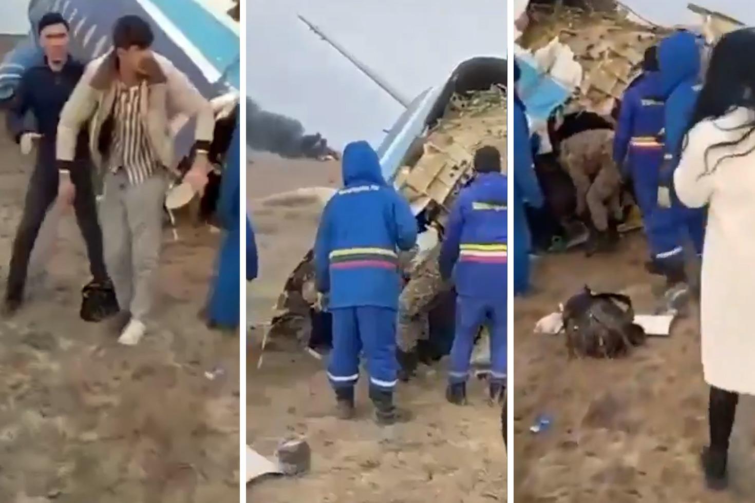 Kazakistan'da düşen uçaktaki yolcuların kurtarılma anı