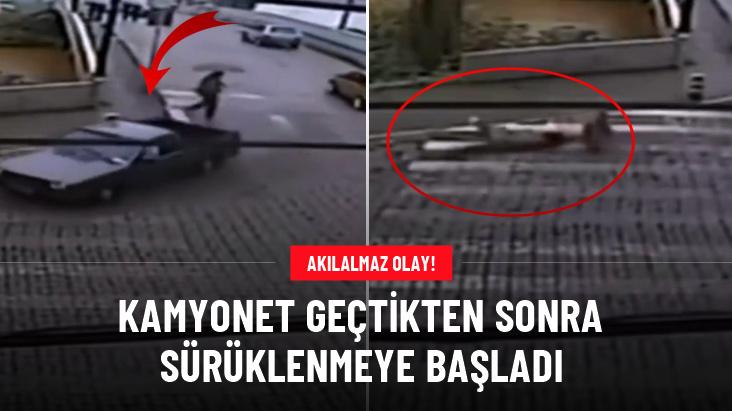 Yaşlı kadın kamyonet geçtikten sonra sürüklenmeye başladı