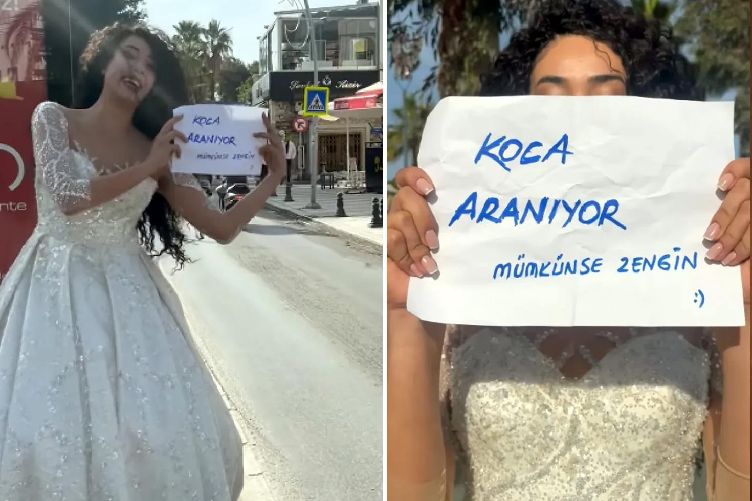 Gelinliği giyip Koca aranıyor yazılı döviz ile sokağa çıktı