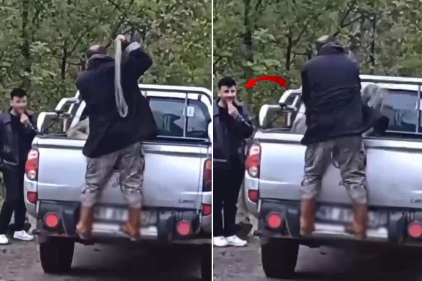 Kamyonet kasasındaki köpeği halatla dövdü