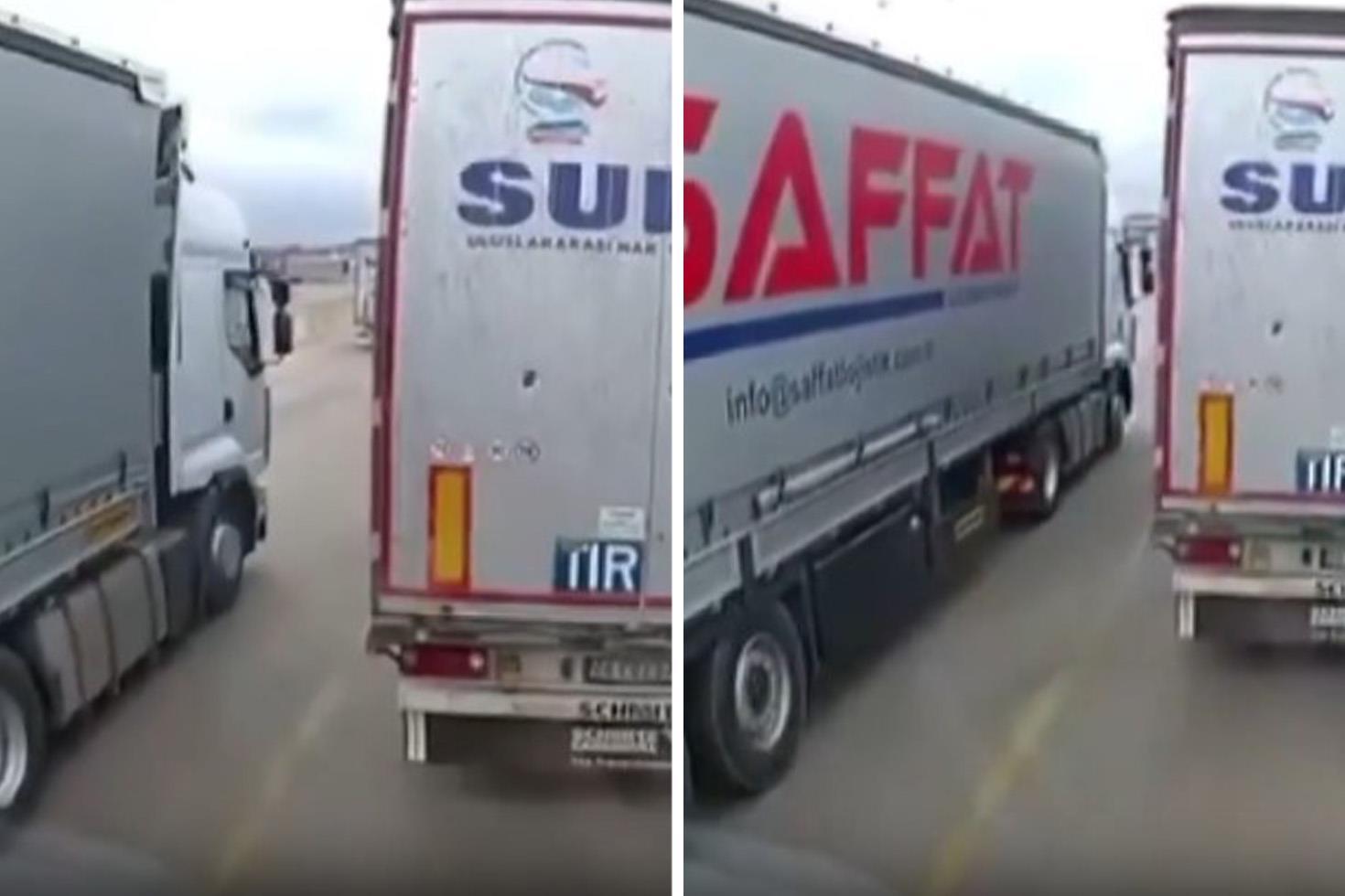 Deprem anında tırların beşik gibi sallandığı görüntüler ortaya çıktı
