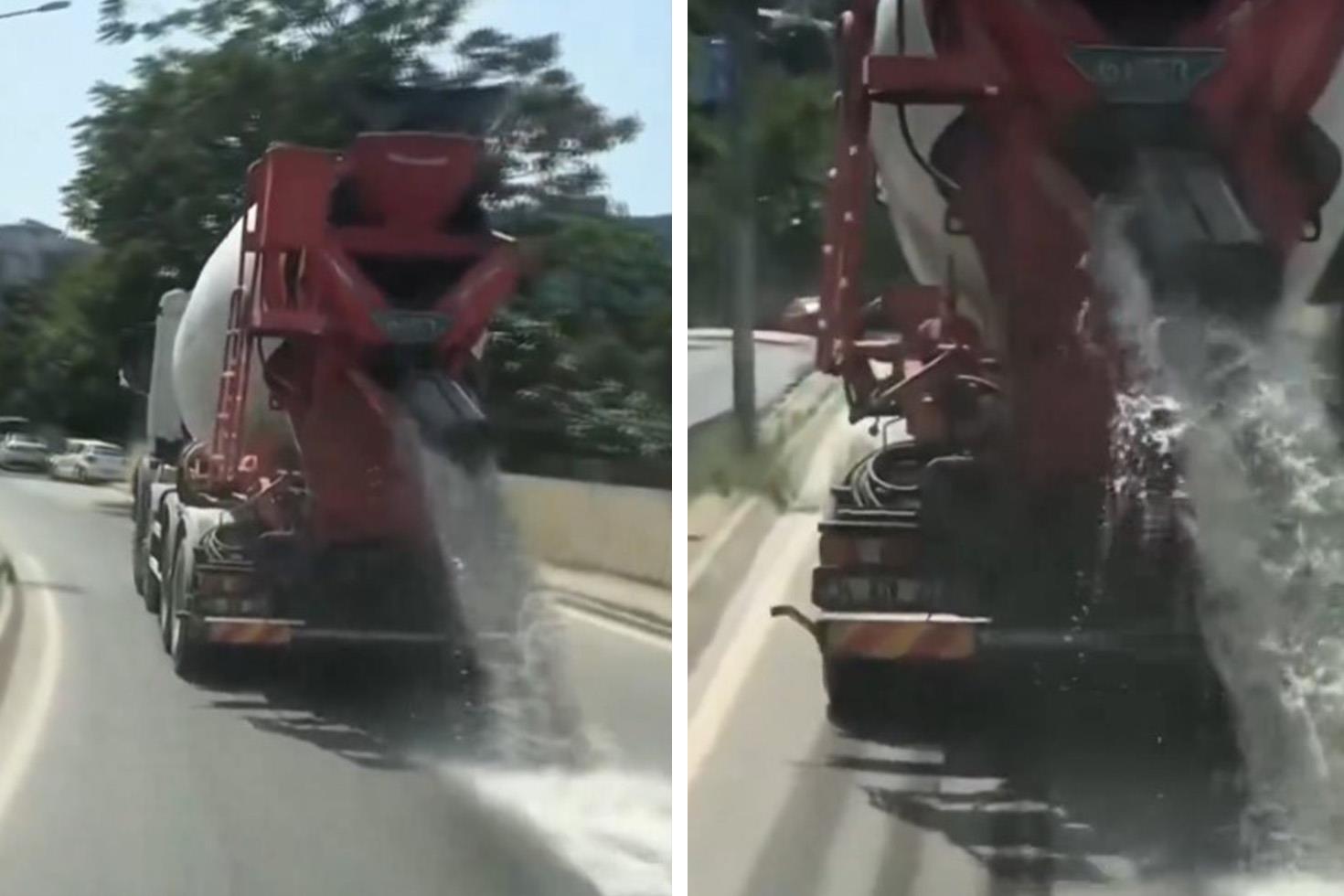 İstanbul'da hafriyat kamyonu betonlu suyu yola döktü