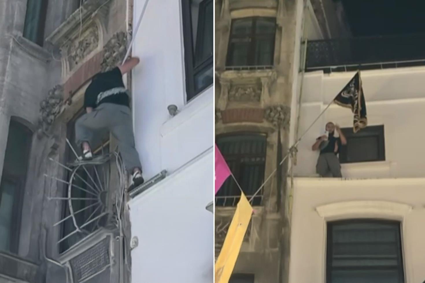 Leman protestoları sırasında binaya tırmanıp Tevhit bayrağı astı