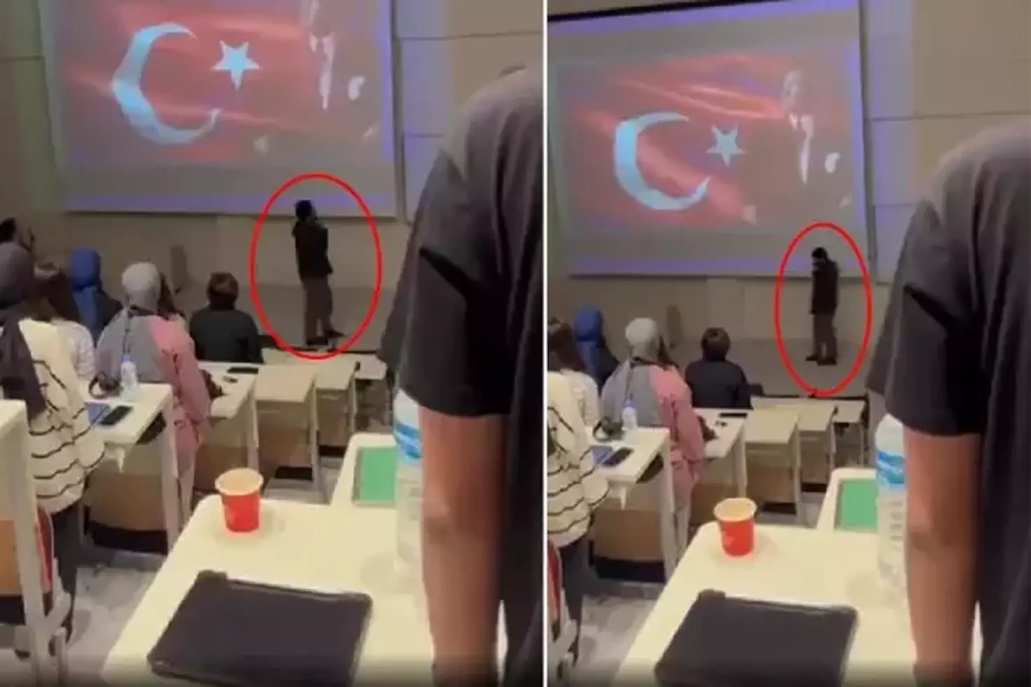 Saat 9’u 5 geçe herkes saygı duruşunda bulunurken, o telefon elinde volta attı