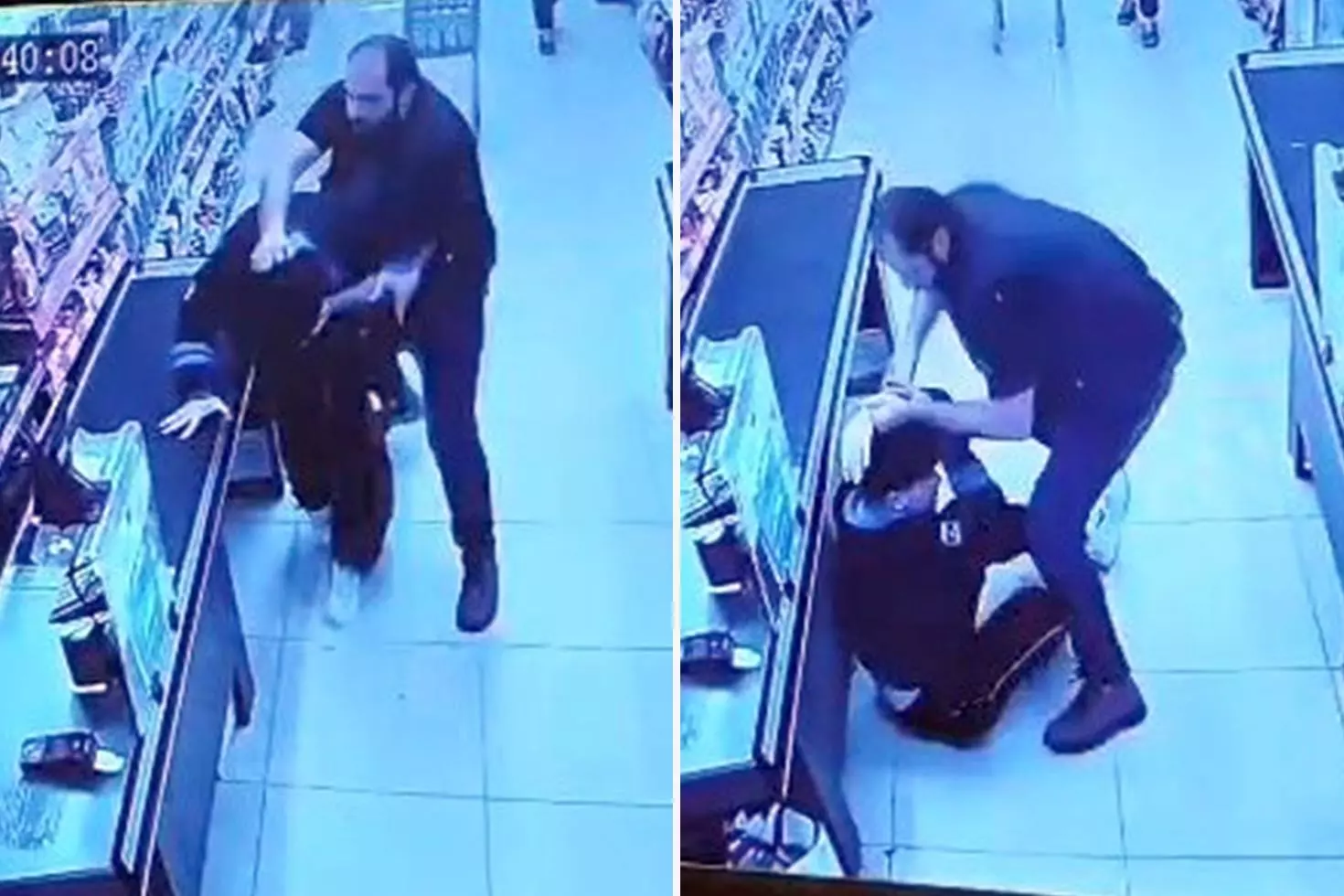 Oğlunu darbettiğini öne sürdüğü market çalışanını yumruklayıp tekmeledi
