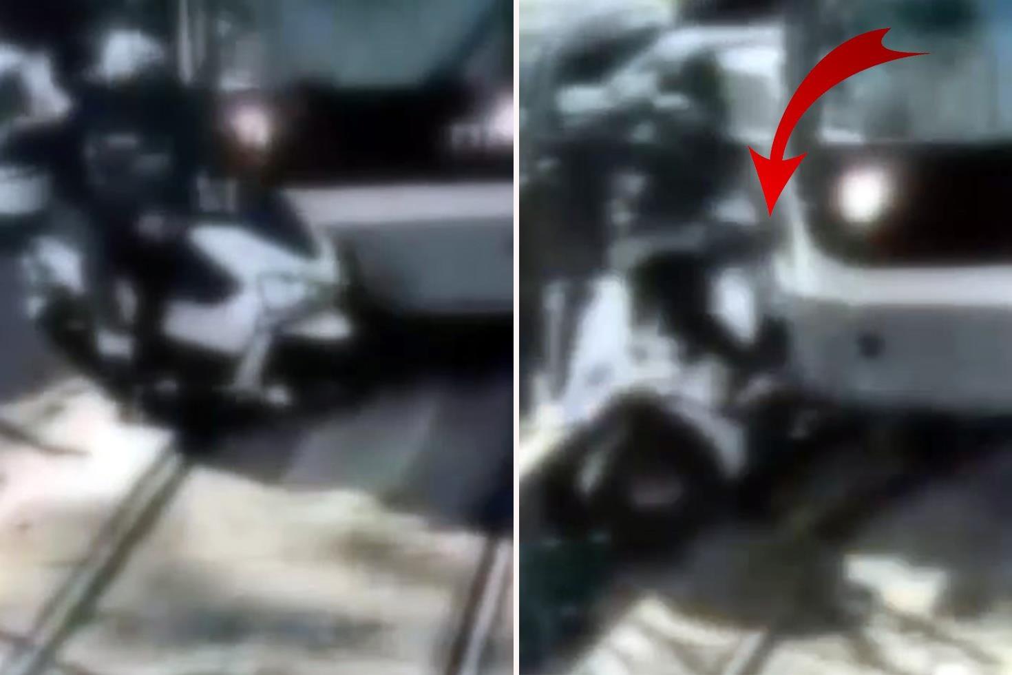 Beyoğlu’nda tramvayın motosiklete çarpma anı kamerada