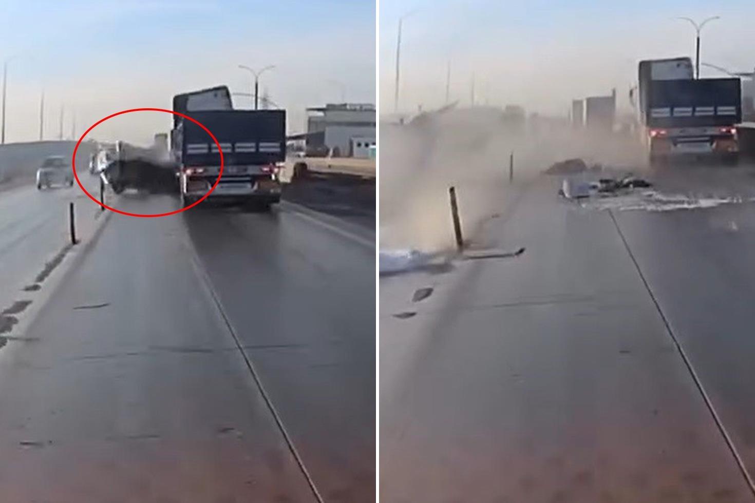 Tıra çarpan araç paramparça oldu