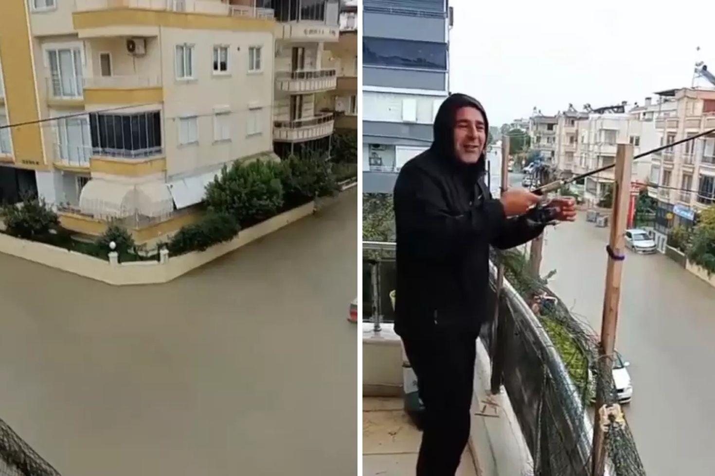 Sokaklar göle döndü ama o balkondan olta attı