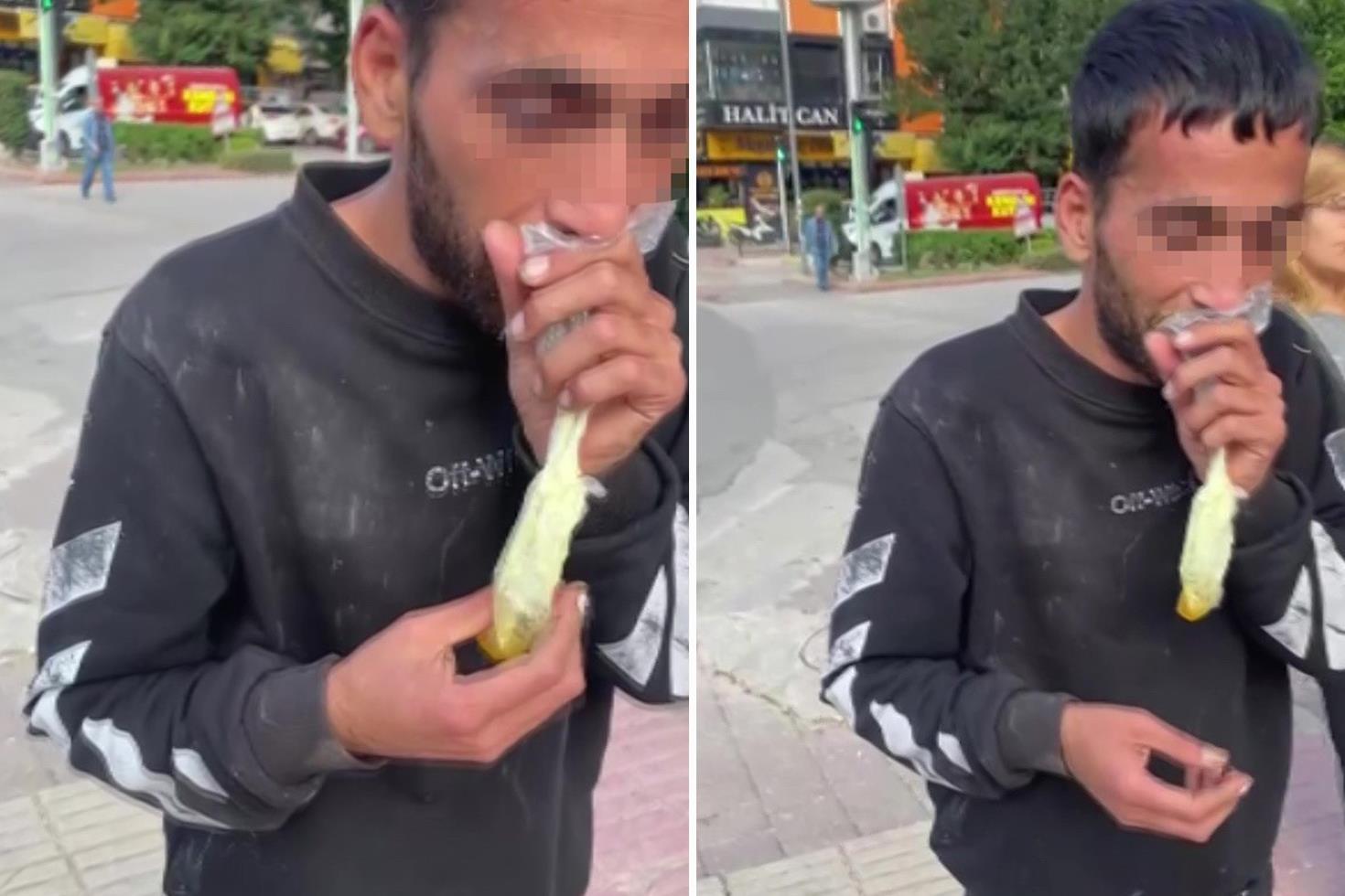 Caddede güpegündüz bali çekip kendinden geçti