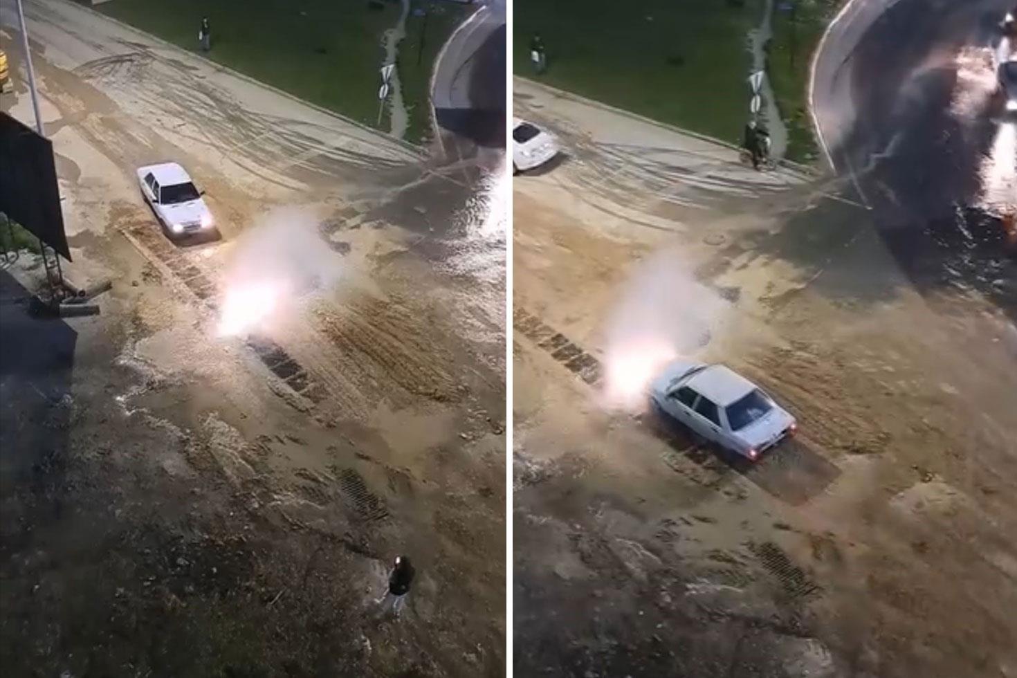 Krizi fırsata çevirdi, patlayan suda aracını yıkadı