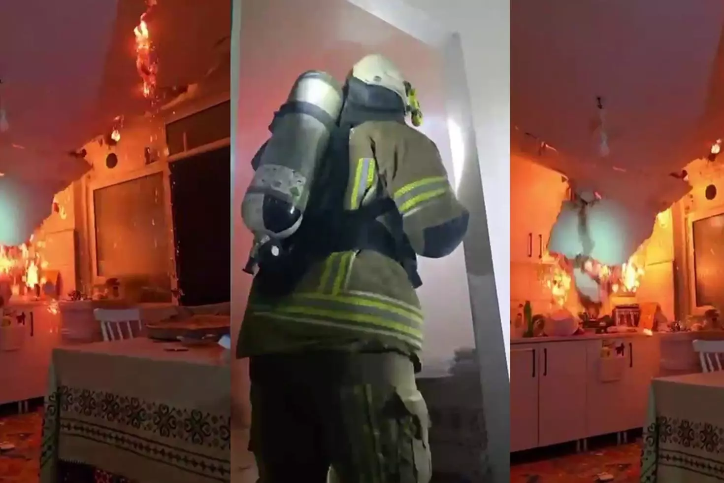 Yangında tavan çöktü, itfaiye ekipleri ölümden döndü... O anlar kameraya yansıdı