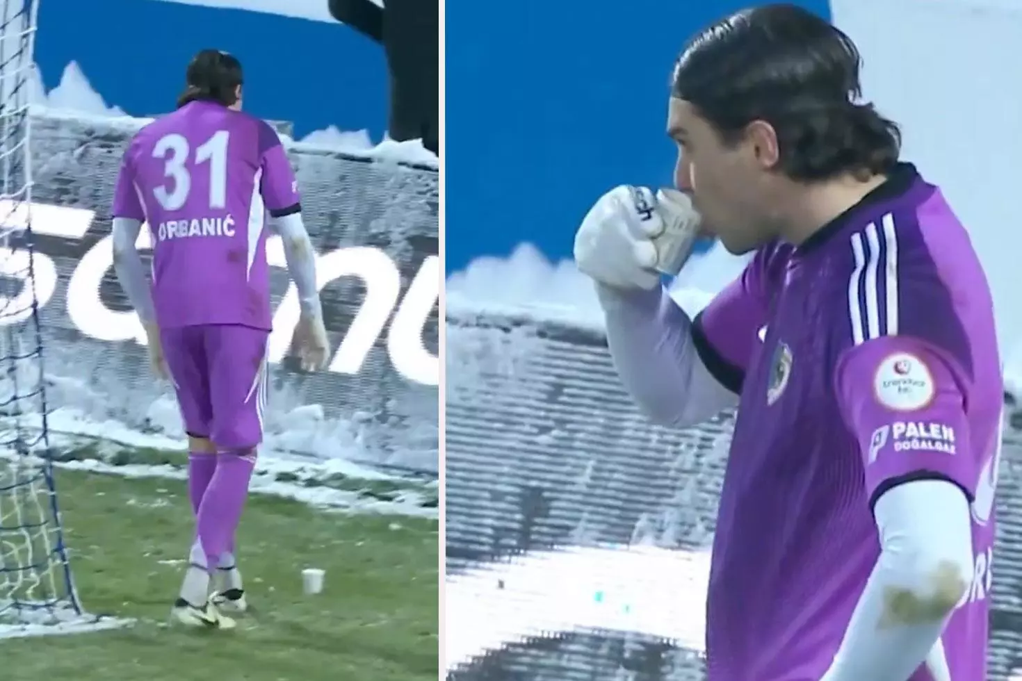 Görüntü Türkiye’den -10 derece soğukta ısınmak için maç oynanırken çay içti