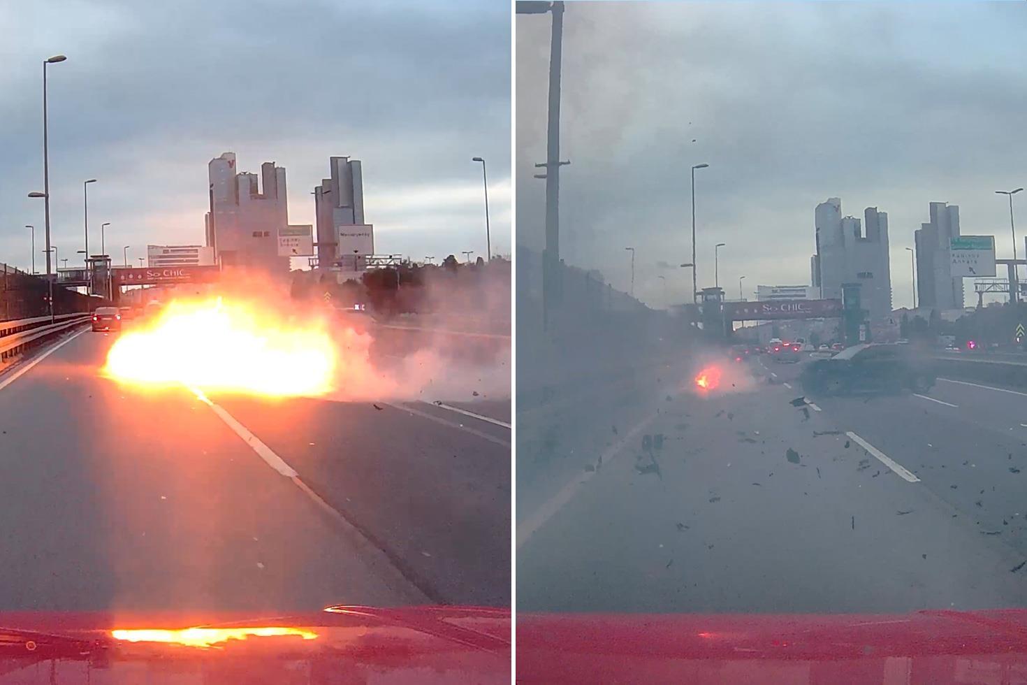 Makas atan sürücü bariyerlere çarptı, motoru alev alıp yola fırladı