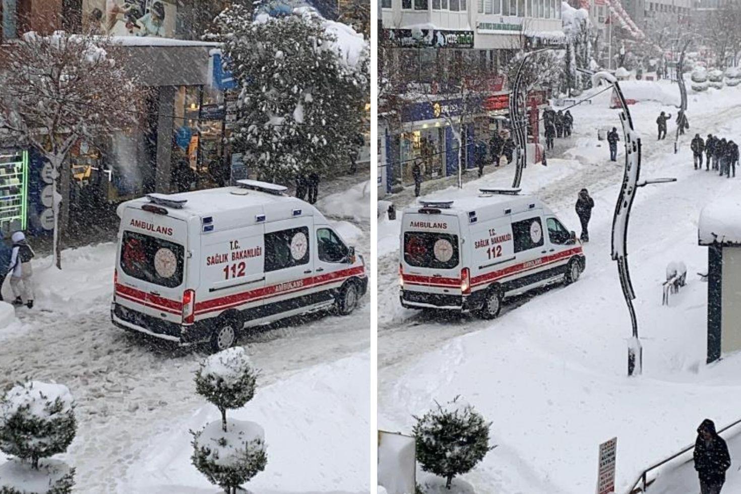 Ambulansın karla imtihanı O anlar kameralarda