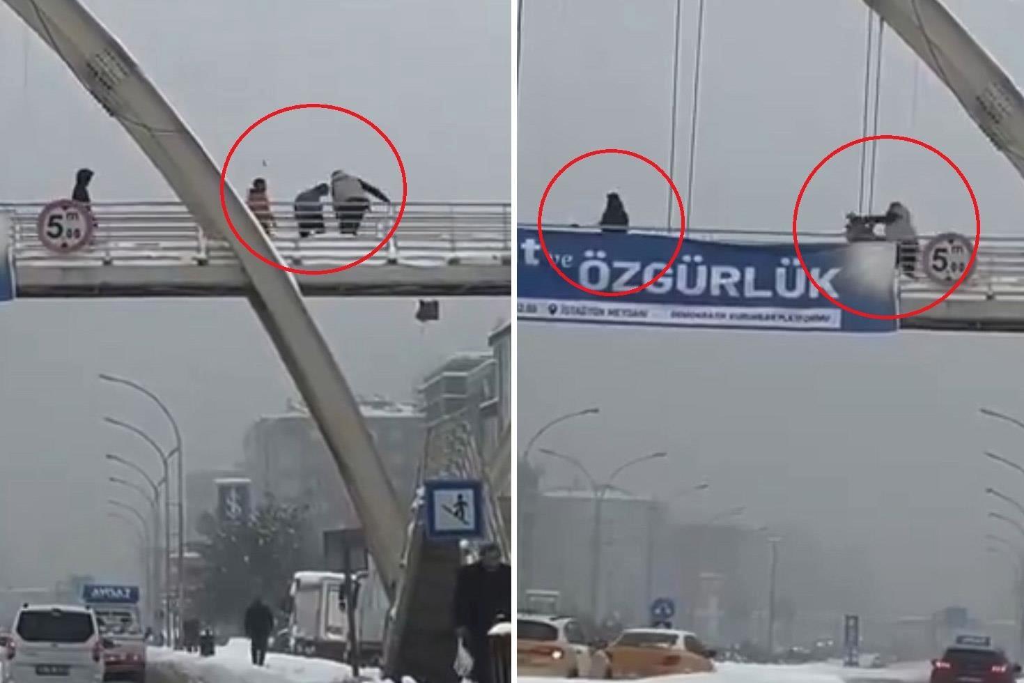 Üst geçitte kar topu atan çocukları yumruklayıp, yerde tekmeledi