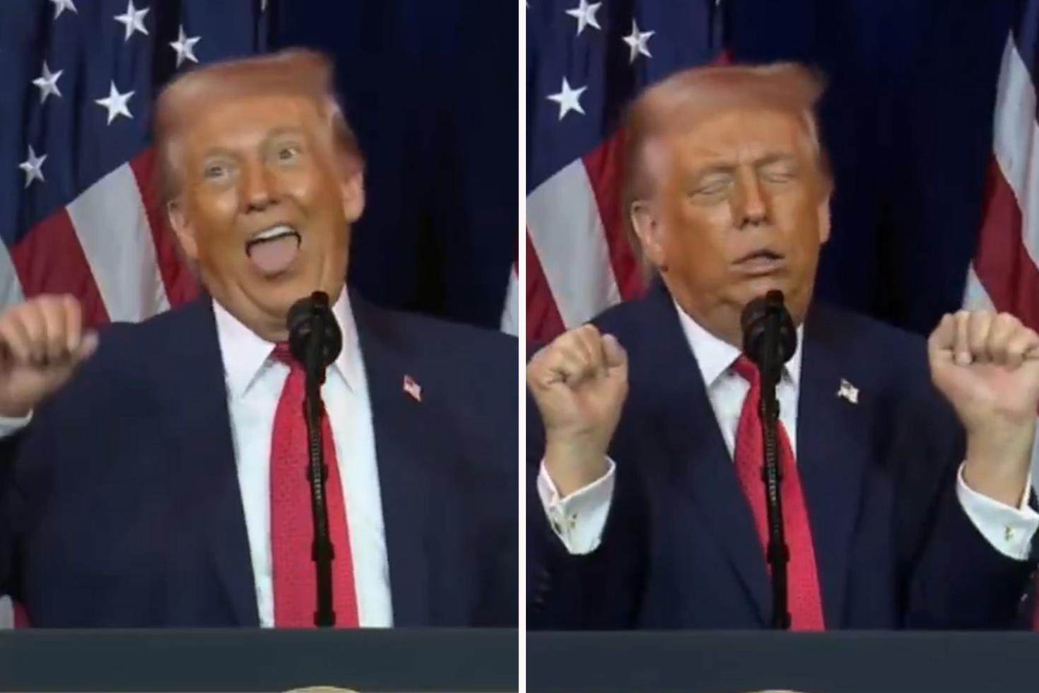 Kürsüde trans halterci taklidi yapan Trump’ın hareketleri akılalmaz