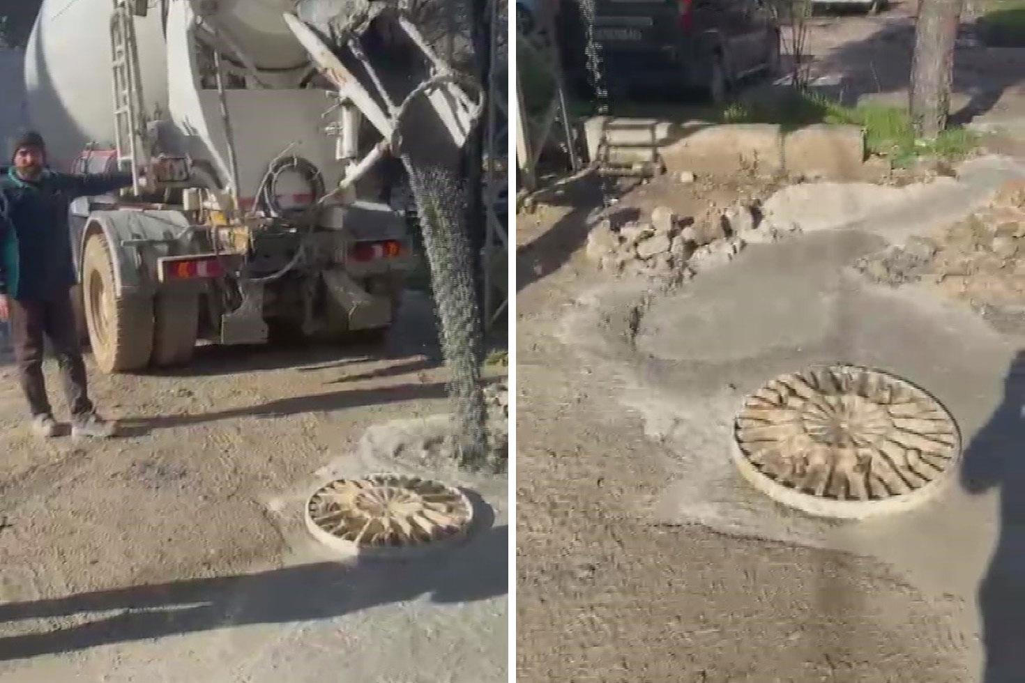Vatandaşın tepkisine aldırış etmedi, kanalizasyona beton döktü