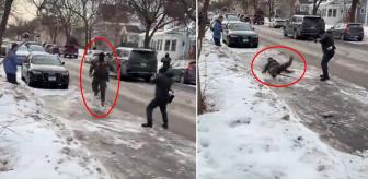 Polisle böyle alay ettiler! Vatandaşa doğru koşarken kayıp düştü