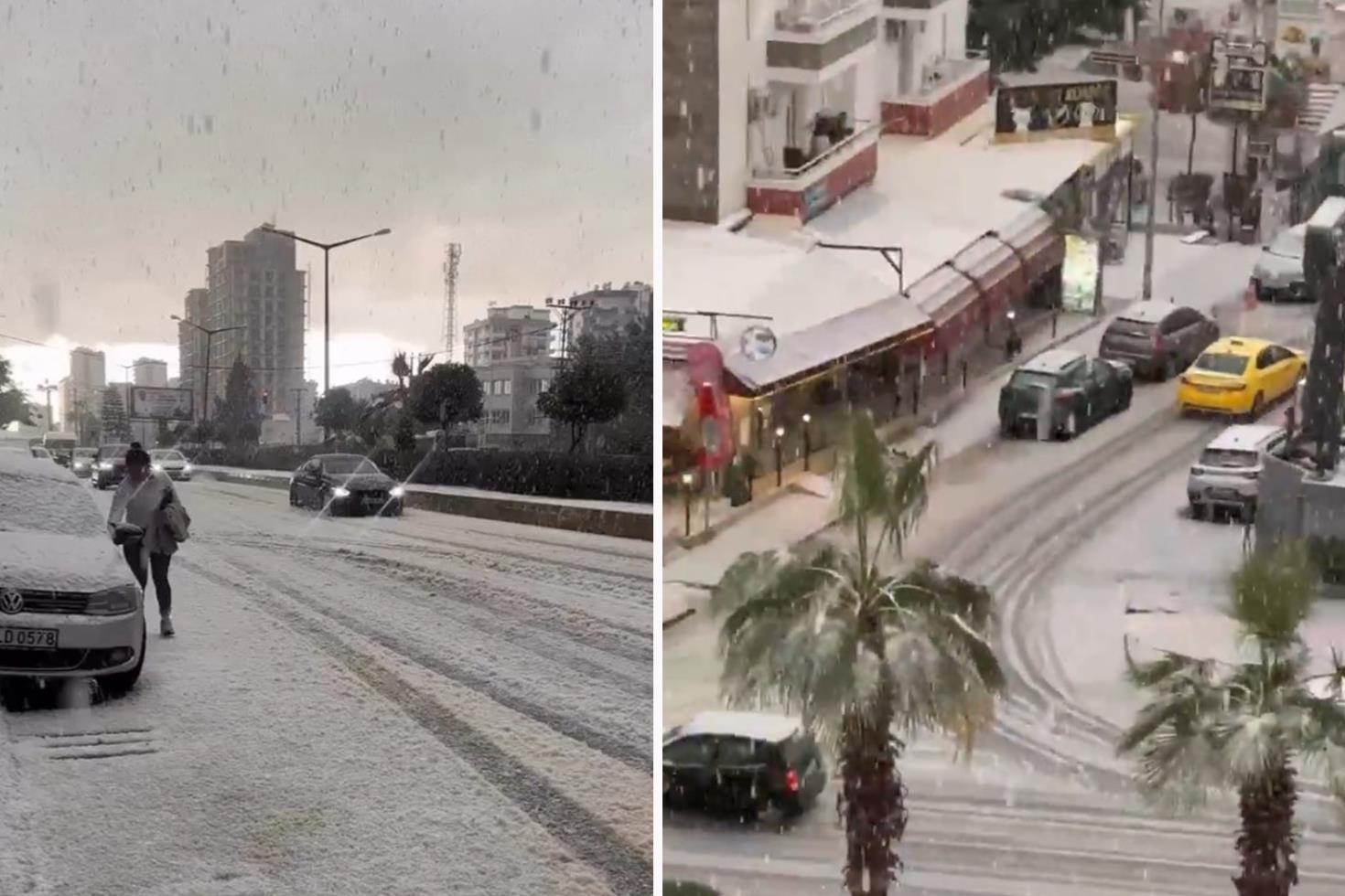 Mersin’de dolu yağışıyla sokaklar beyaza büründü