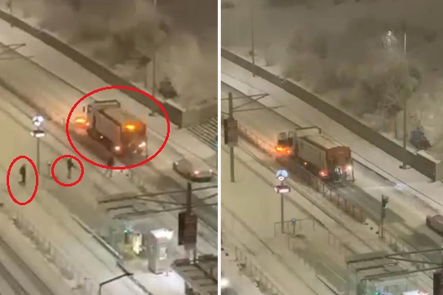 Kar topu isabet eden kar küreme aracı refüje çarptı