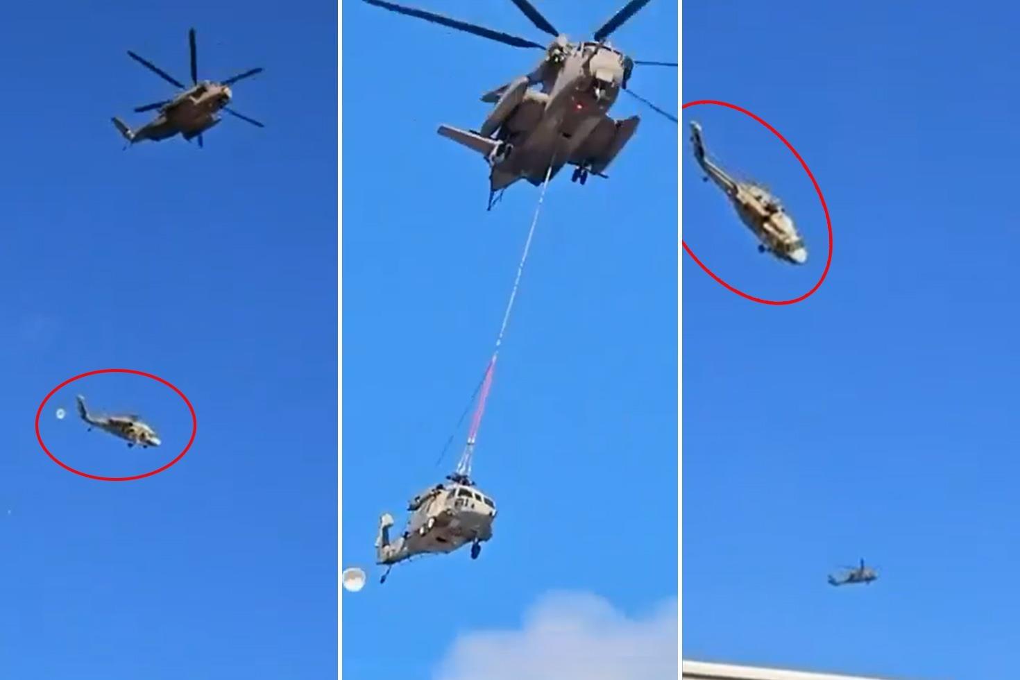 İsrail helikopteri havada taşınırken yere çakıldı