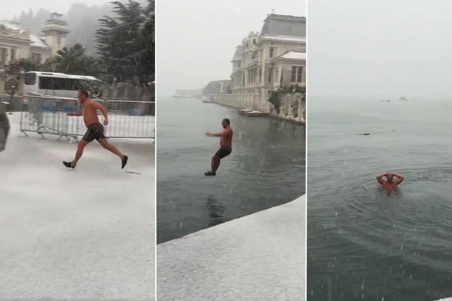 Kar yağışına aldırış etmedi: -6 derecede deniz keyfi