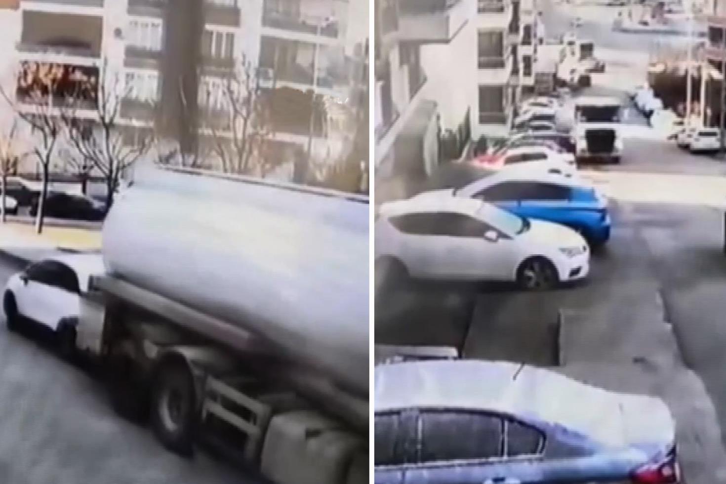 Freni boşalan akaryakıt tankerinin 8 aracı hurdaya çevirdiği anlar güvenlik kamerasında