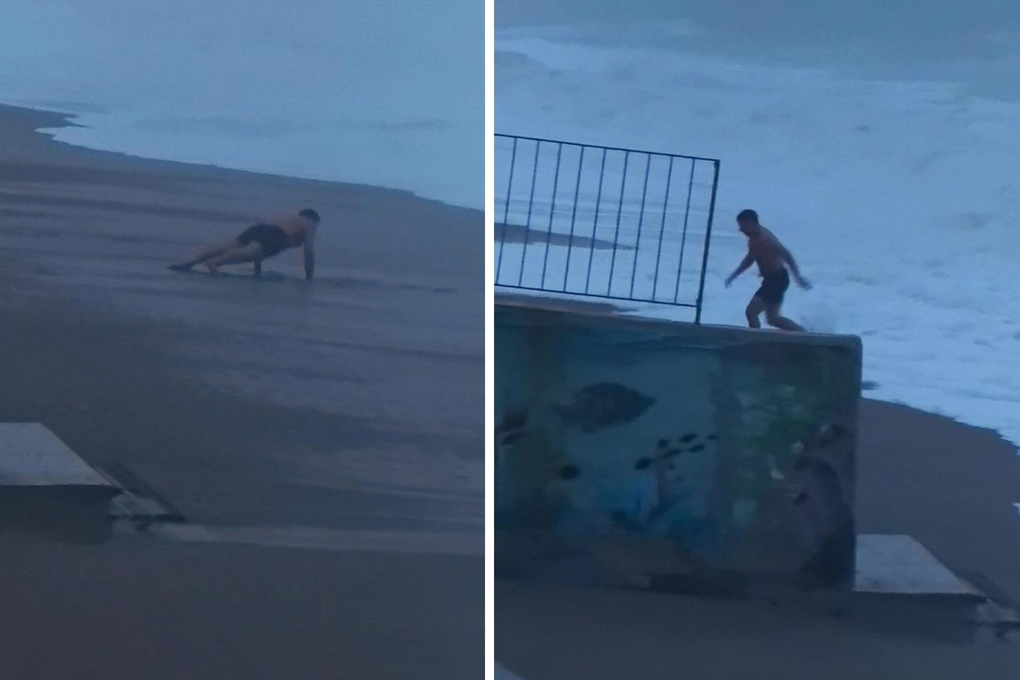 Sahilde şınav çekerken 2 metrelik dalgaları görünce koşarak kaçtı