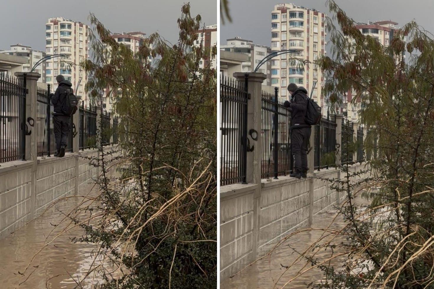 Selde kaldırım kayboldu, hastane duvarından yürüyerek geçti O anlar kameralarda