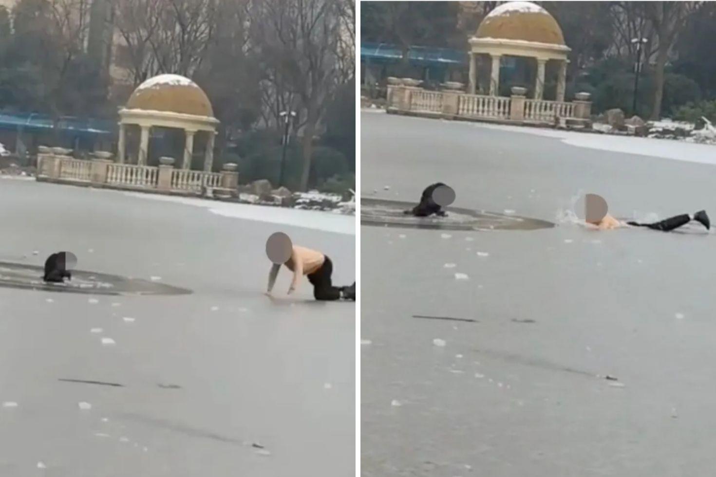 Kahramana adam, buzlu göle düşen çocuğu kurtardı