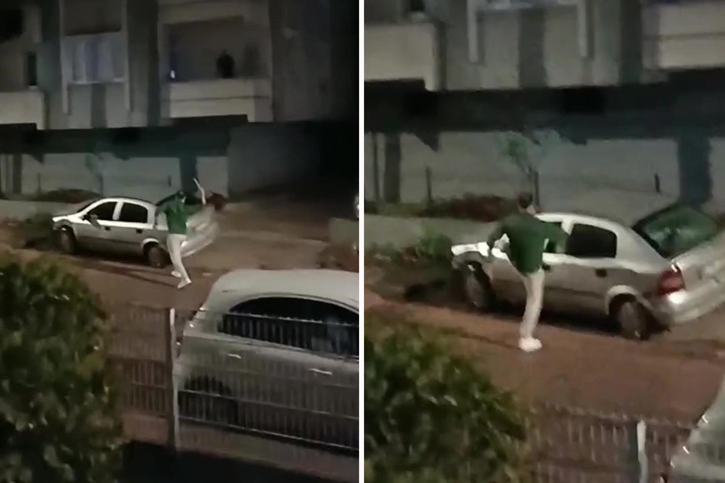 Camlarını kırdığı otomobile ışıklı çiçek buketi fırlattı o anlar kamerada