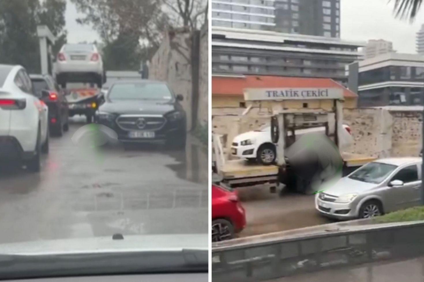 Lüks aracı es geçti, diğer arabaları çekti Trafikte çekiciye tepki yağdı