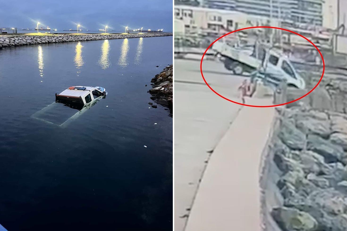 Dönüşü alamayan zabıta aracı denize böyle uçtu