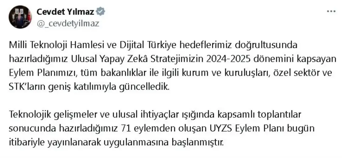 Cumhurbaşkanı Yardımcısı Cevdet Yılmaz, Ulusal Yapay Zeka Stratejisi Eylem Planı'nın Uygulanmaya Başlandığını Açıkladı