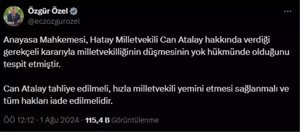 AYM Kararına Göre TİP Hatay Milletvekilinin Düşürülmesi Yok Hükmünde