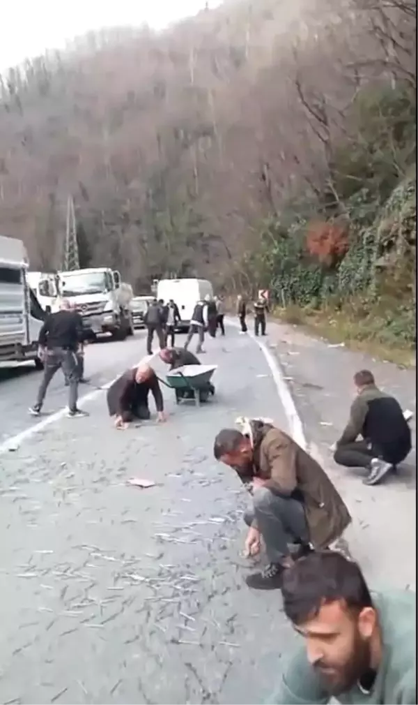 Artvin'de karayoluna dökülen inşaat çivilerini sürücüler topladı