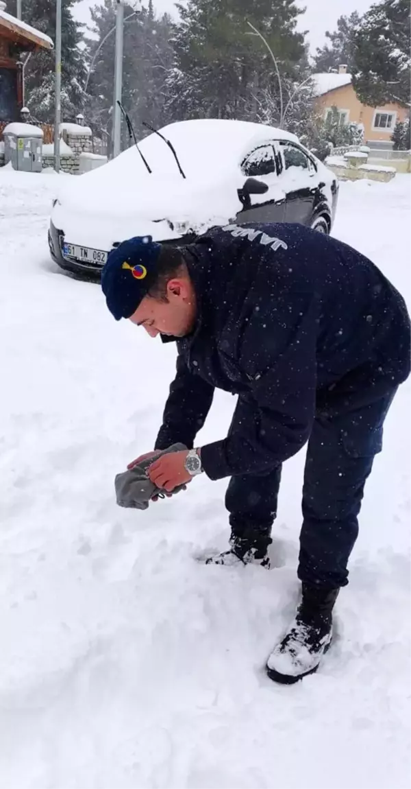 Jandarma personeli donmak üzere olan kuşu elleriyle ısıttı, beresiyle sardı