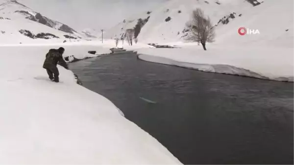 Donan dere yataklarının çözülmesiyle vatandaşlar buz gibi suda balık avına çıktı