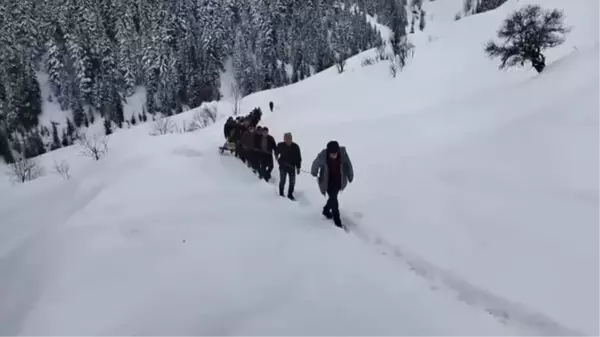 Kardan yolu kapalı köydeki cenaze kızakla mezarlığa taşındı