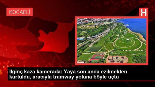 İlginç kaza kamerada: Yaya son anda ezilmekten kurtuldu, aracıyla tramway yoluna böyle uçtu