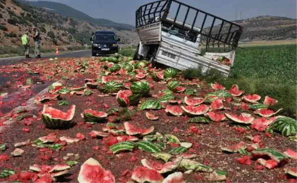 ŞARAMPOLE DEVRİLEN KAMYONETTEKİ BABA- OĞUL YARALANDI, 3 TON KARPUZ ÇEVREYE SAÇILDI