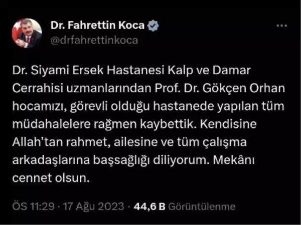 Sağlık Bakanı Fahrettin Koca, Dr. Siyami Ersek Hastanesi'nden bir doktorun hayatını kaybettiğini duyurdu