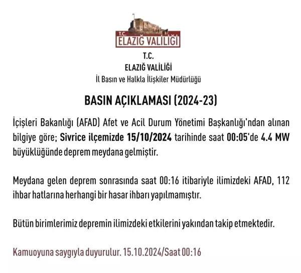 Elazığ'da 4,4 Büyüklüğünde Deprem