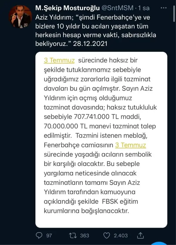 Son dakika haberleri | Aziz Yıldırım'dan 'haksız tutukluluk' nedeniyle 777 milyon liralık tazminat davası