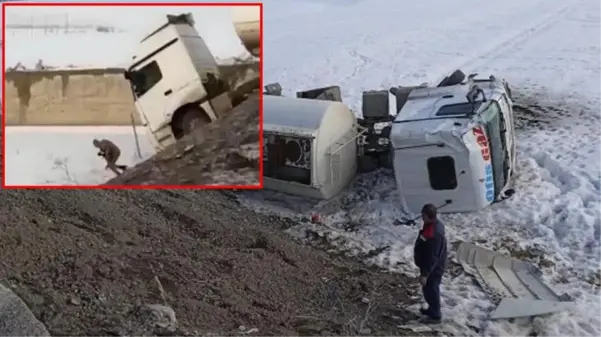 Yakıt tankeri buzlu yolda devrildi! Güvenlik kontrolü yapan asker ölümden son anda kurtuldu